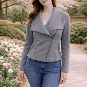 Grey Moto Jacket with Front Zipper Structured Shoulders and Lapel Collars Size S